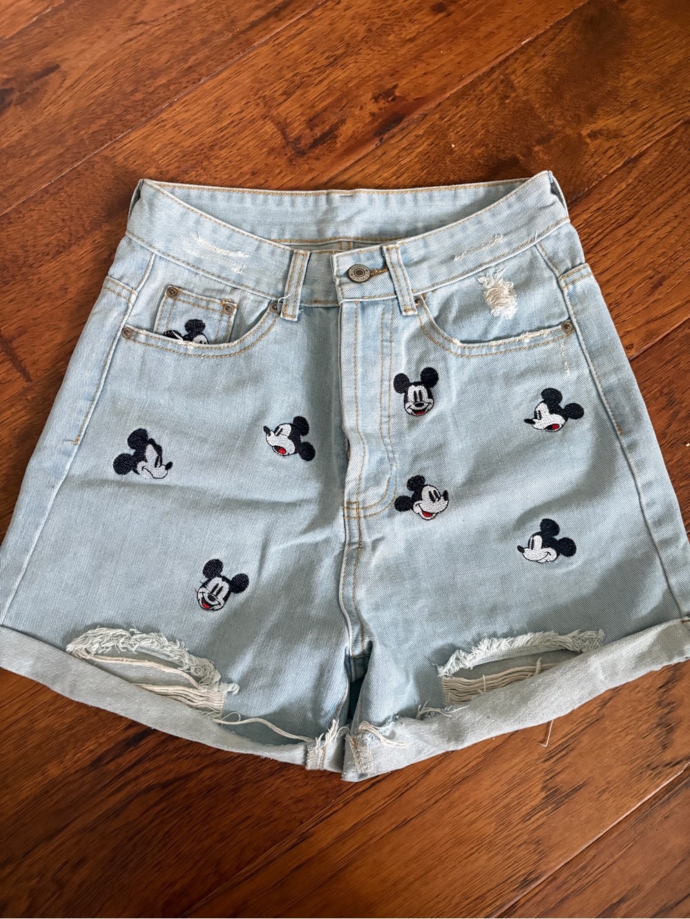 Disney Light Blue Denim High-Waist Shorts with Mickey Embroidery